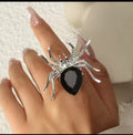 Gothic Punk Spider Ring Adjustable – Black Crystal Insect Ring for Women Men Halloween Jewelry